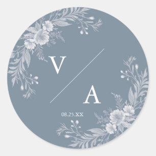 Sticker Rond Mariage de style victorien en bleu avec fleurs bla