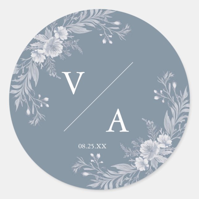 Sticker Rond Mariage de style victorien en bleu avec fleurs bla (Devant)