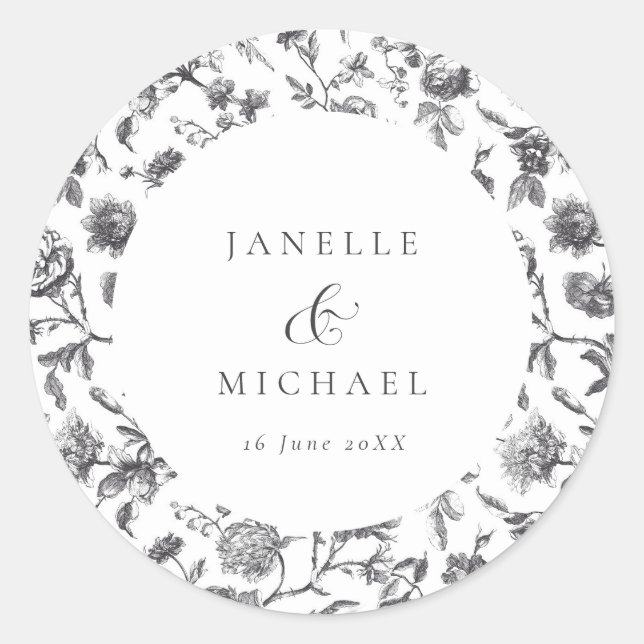 Sticker Rond Mariage de toile florale noir et blanc antique (Devant)
