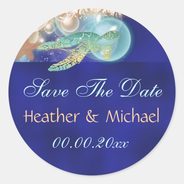 Sticker Rond Mariage de tortue Starfish enregistrer la date (Devant)