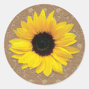 Sticker Rond Mariage de tournesol de Burlap et de dentelle rust