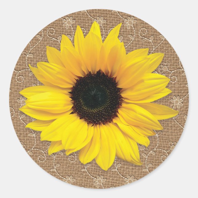 Sticker Rond Mariage de tournesol de Burlap et de dentelle rust (Devant)
