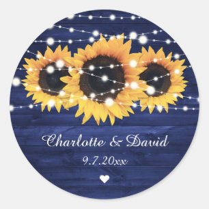 Sticker Rond Mariage de tournesol en bois rustique bleu marine