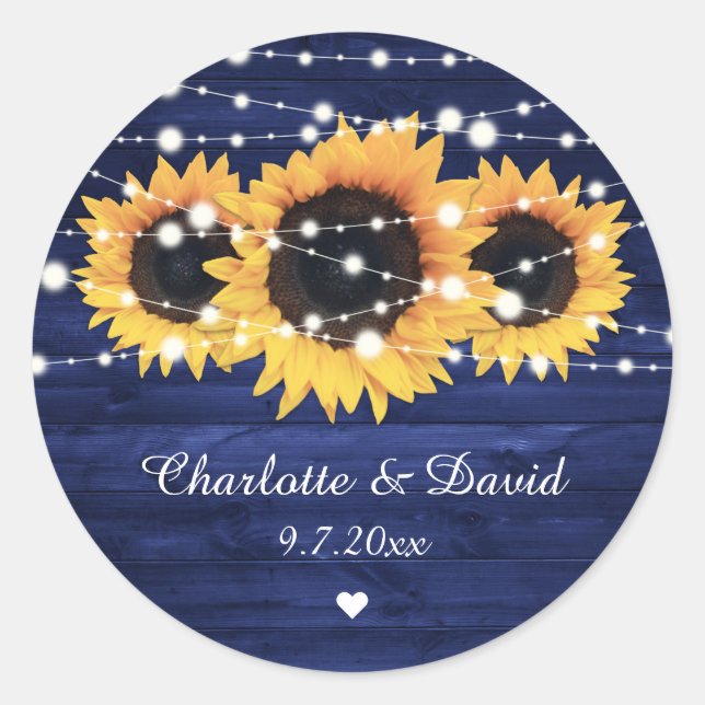 Sticker Rond Mariage de tournesol en bois rustique bleu marine (Devant)
