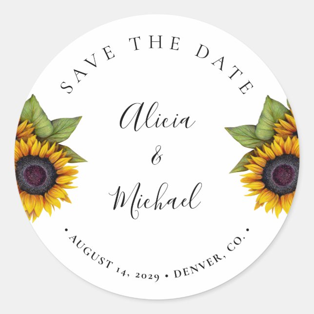 Sticker Rond Mariage de tournesol moderne rustique sauver date (Devant)