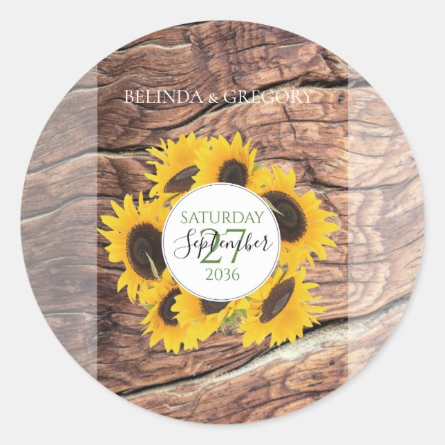 Sticker Rond Mariage de tournesol rustique (Devant)