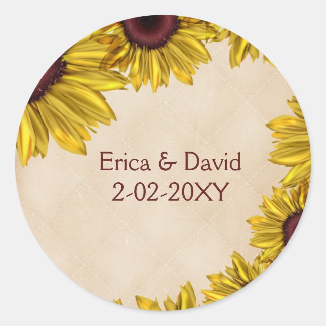 Sticker Rond Mariage de tournesol rustique (Devant)