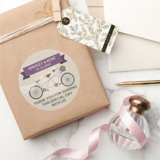 Sticker Rond Mariage de vélo Faux Linen Plum Tandem