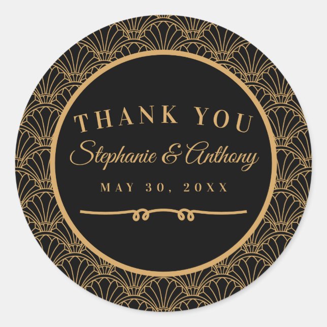 Sticker Rond Mariage de ventilateur Art déco noir et or (Devant)