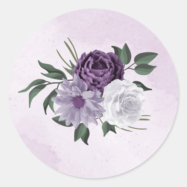 Sticker Rond mariage de verdure fleurie violette et blanche (Devant)