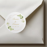 Sticker Rond Mariage de verdure géométrique moderne<br><div class="desc">Autocollants de mariage personnalisés avec cadre géométrique or et aquarelle design de verdure.</div>