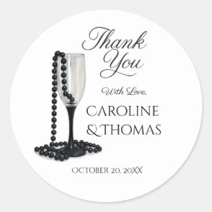 Sticker Rond Mariage de verre de champagne Black & White Pearl
