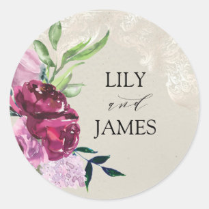 Sticker Rond Mariage décoratif colombe gris & vin & roses roses