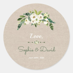 Sticker Rond Mariage d'écriture moderne de Burlap Floral Blanc