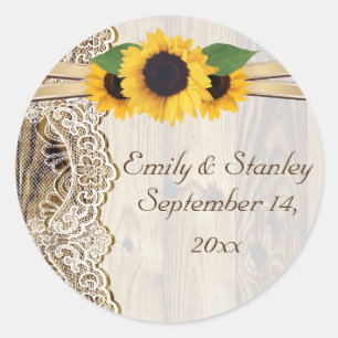 Sticker Rond Mariage dentelle et tournesol en bois Enregistrer 