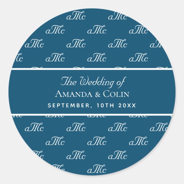 Sticker Rond Mariage des initiales du couple monogramme bleu bl (Devant)