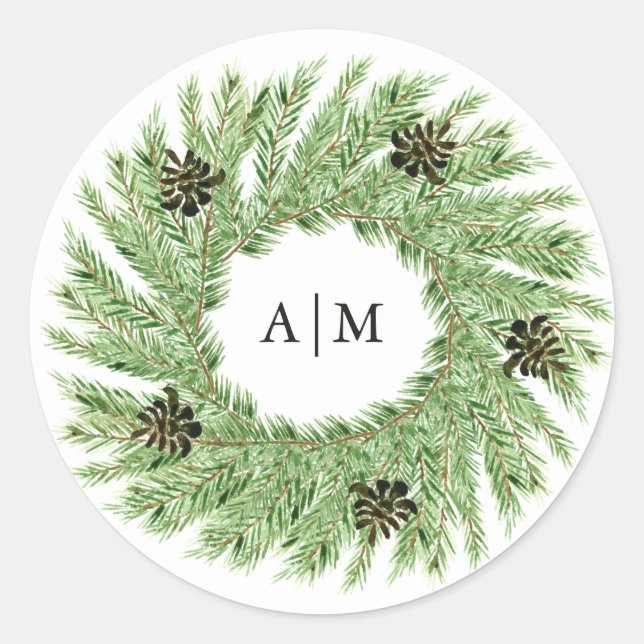 Sticker Rond Mariage des pins d'hiver | Monogramme (Devant)