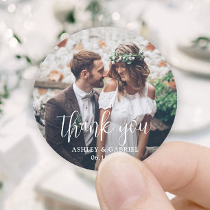 Sticker Rond Mariage design moderne et  photo Merci