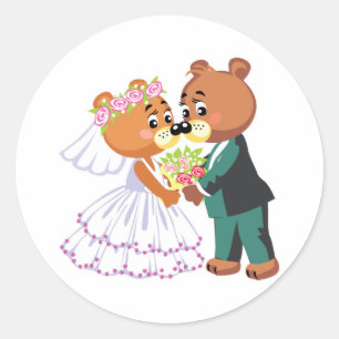 Sticker Rond mariage design nounours marié et marié mignon