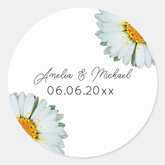 Sticker Rond Mariage d'été Rustique Daisy Enregistrez la Date (Devant)