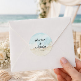 Sticker Rond Mariage d'été sur la plage à l'aquarelle de plage