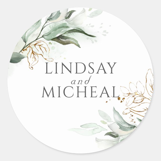 Sticker Rond Mariage d'Eucalyptus vert et or (Devant)