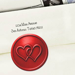Sticker Rond Mariage Deux Cœurs Rouges Entrelacés