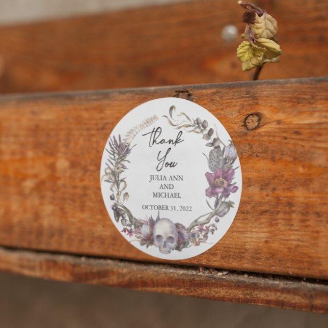 Sticker Rond Mariage d'Halloween Fleur Crâne Merci (Créateur téléchargé)