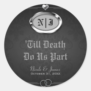 Sticker Rond Mariage d'Halloween gothique vintage argent et noi