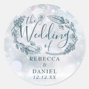 Sticker Rond Mariage d'hiver aux flocons de neige floraux rusti