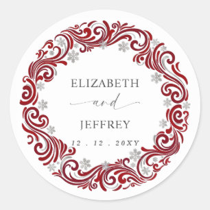 Sticker Rond Mariage d'hiver aux flocons de neige rouge argenté
