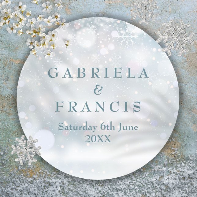 Sticker Rond Mariage d'hiver Elégant Premier Snowflakes (Winter Wedding Elegant First Snowflakes Classic Round Sticker)