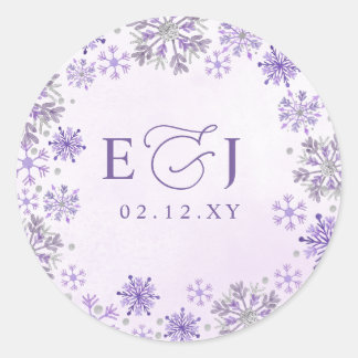 Sticker Rond Mariage d'hiver flocons de neige violet argent Mon