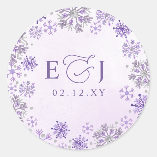 Sticker Rond Mariage d'hiver flocons de neige violet argent Mon (Devant)