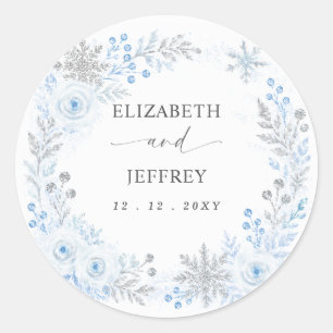 Sticker Rond Mariage d'hiver floral aux flocons de neige bleu a