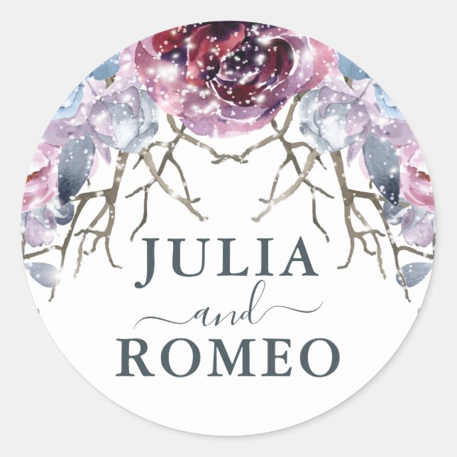 Sticker Rond Mariage d'hiver Floral Personnalisé (Devant)