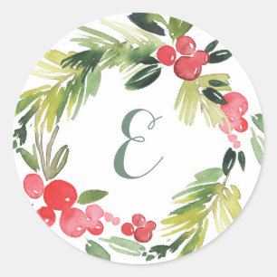 Sticker Rond Mariage d'hiver Floral Watercolor Wreath Monogra