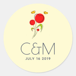 Sticker Rond Mariage d'illustration de fleurs de coeur rouge mi