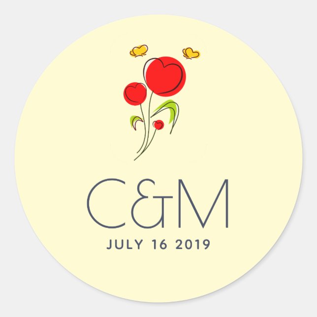 Sticker Rond Mariage d'illustration de fleurs de coeur rouge mi (Devant)