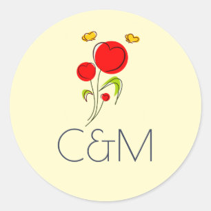 Sticker Rond Mariage d'illustration de fleurs de coeur rouge mi