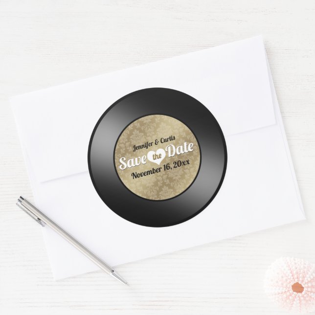 Sticker Rond Mariage Disque Vinyle Rétro Enregistrer la Date Cl (Enveloppe)