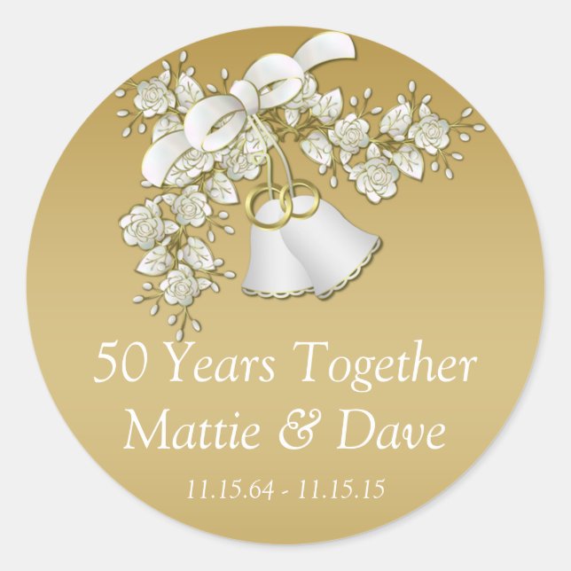 Sticker Rond Mariage d'or blanc cloches Fleurs 50e anniversaire (Devant)
