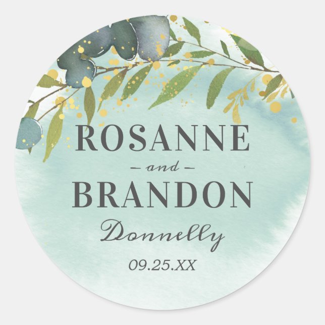 Sticker Rond Mariage d'or vert botanique (Devant)