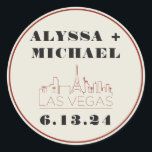 Sticker Rond Mariage du casino de Las Vegas Skyline<br><div class="desc">Un autocollant rond amusant et moderne Las Vegas Skyline Casino pour votre événement à Las Vegas! Cet autocollant rond personnalisé comprend le skyline de casino rouge Las Vegas et la police et le texte entièrement personnalisable sur l'arrière - plan crème d'ivoire. Parfait pour un événement moderne ou classique branché -...</div>