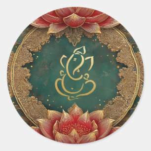 Sticker Rond Mariage du dieu hindou Ganesh Inde Lotus vert do