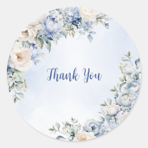 Sticker Rond Mariage Dusty Blue Watercolor Fleurs d'ivoire Feui