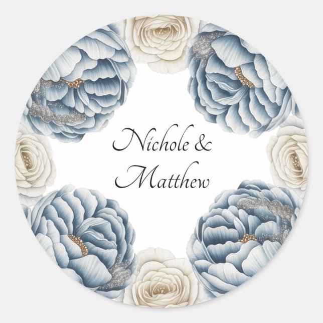 Sticker Rond Mariage Dusty Blue & White Peony (Devant)