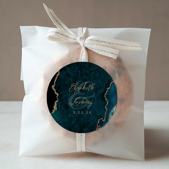 Sticker Rond Mariage écriture Agate Bleu sarcelle Or (Créateur téléchargé)