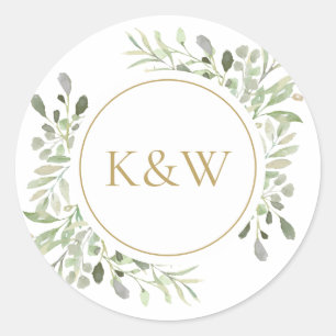 Sticker Rond Mariage élégant à monogramme doré et aquarelle de