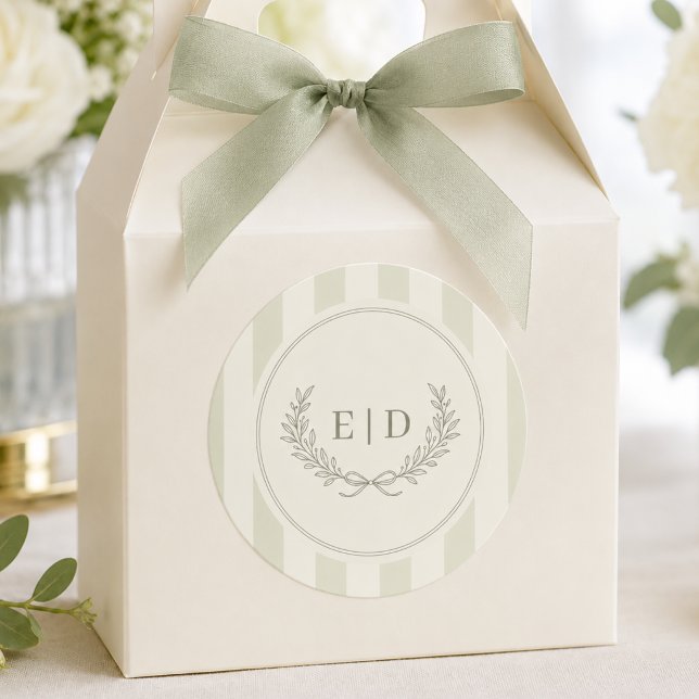 Sticker Rond Mariage élégant à motif de monogramme rayé vert sa (Créateur téléchargé)